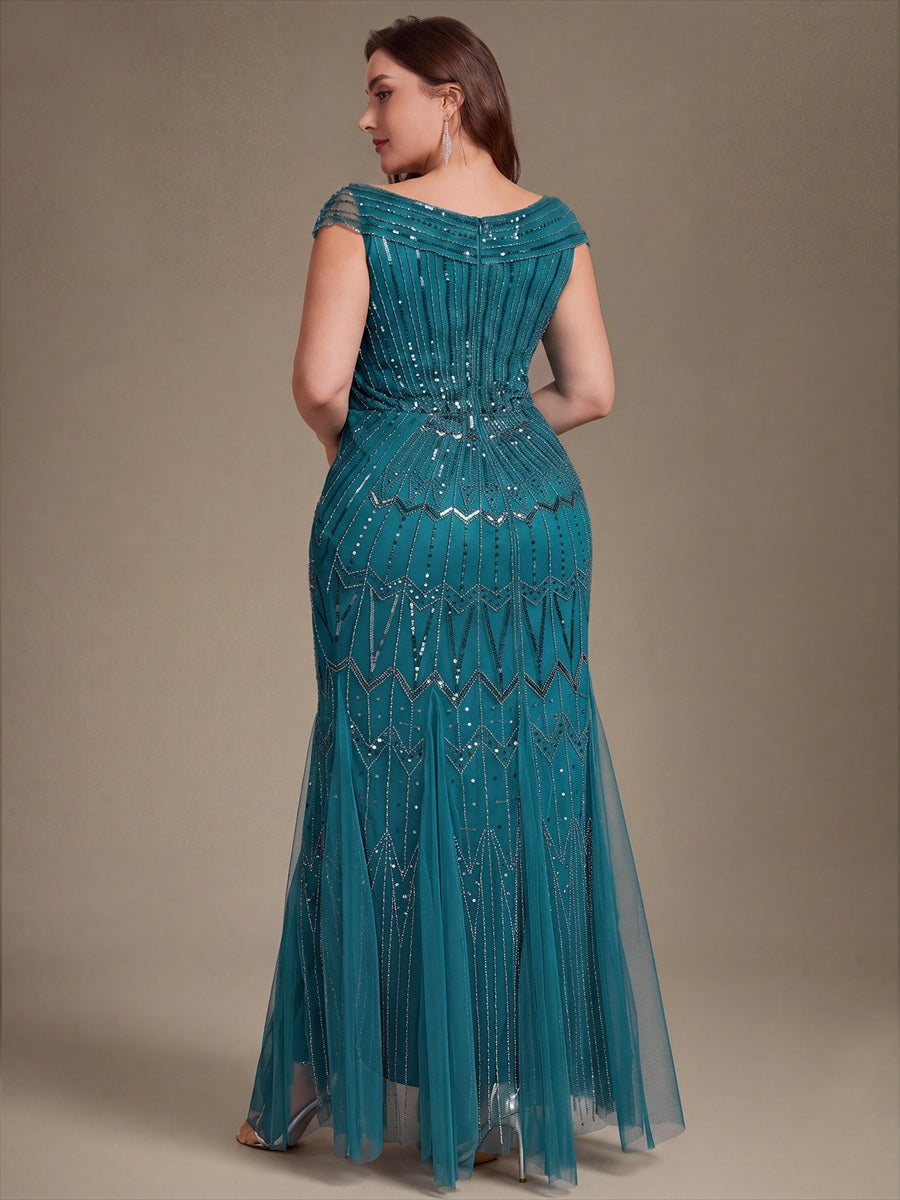 Robe longue sirène élégante à col en V manches courtes et tissu extensible #Couleur_Bleu Sarcelle