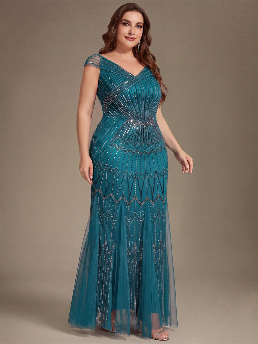 Robe longue sirène élégante à col en V manches courtes et tissu extensible #Couleur_Bleu Sarcelle
