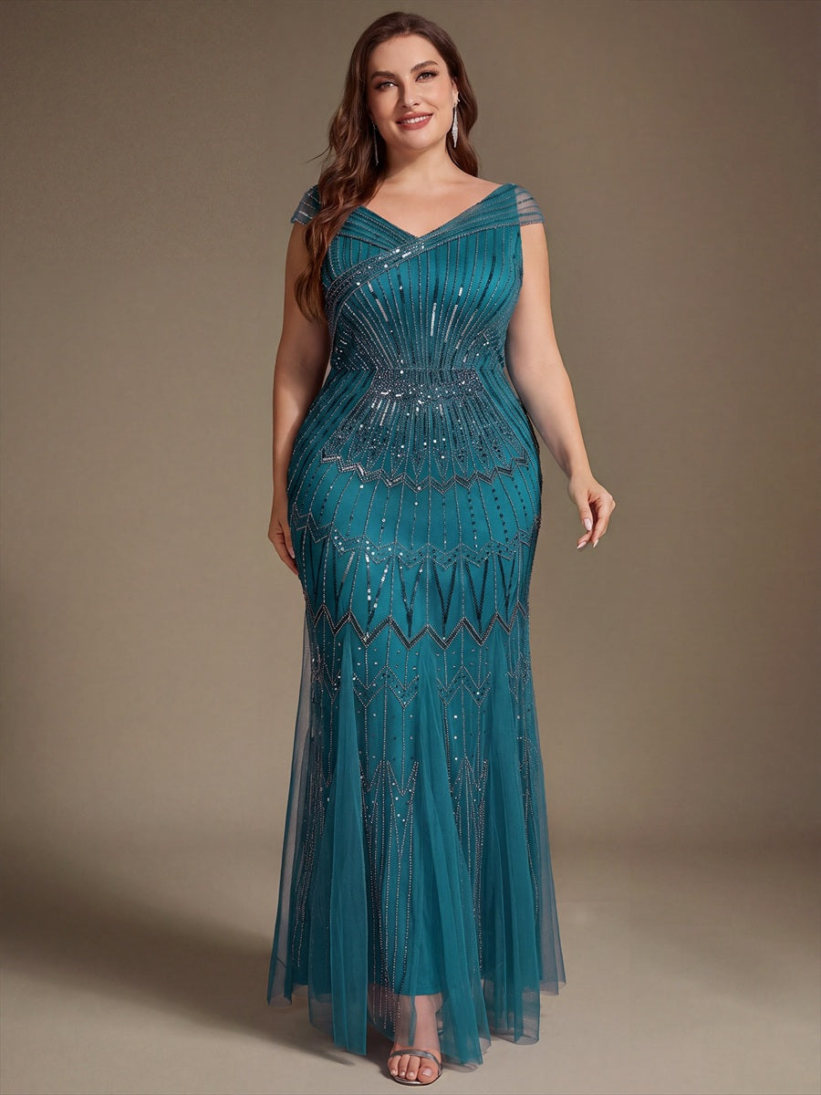 Robe longue sirène élégante à col en V manches courtes et tissu extensible #Couleur_Bleu Sarcelle