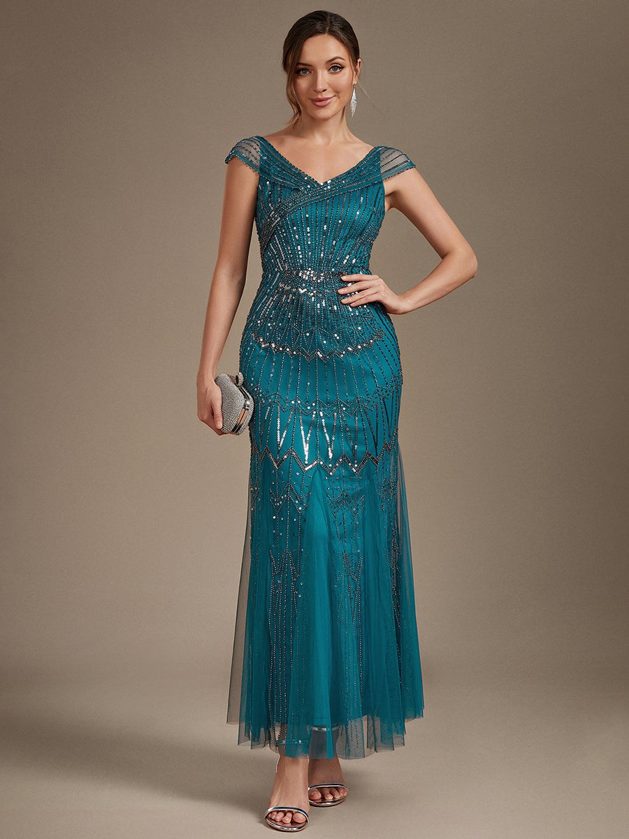 Robe longue sirène élégante à col en V manches courtes et tissu extensible #Couleur_Bleu Sarcelle