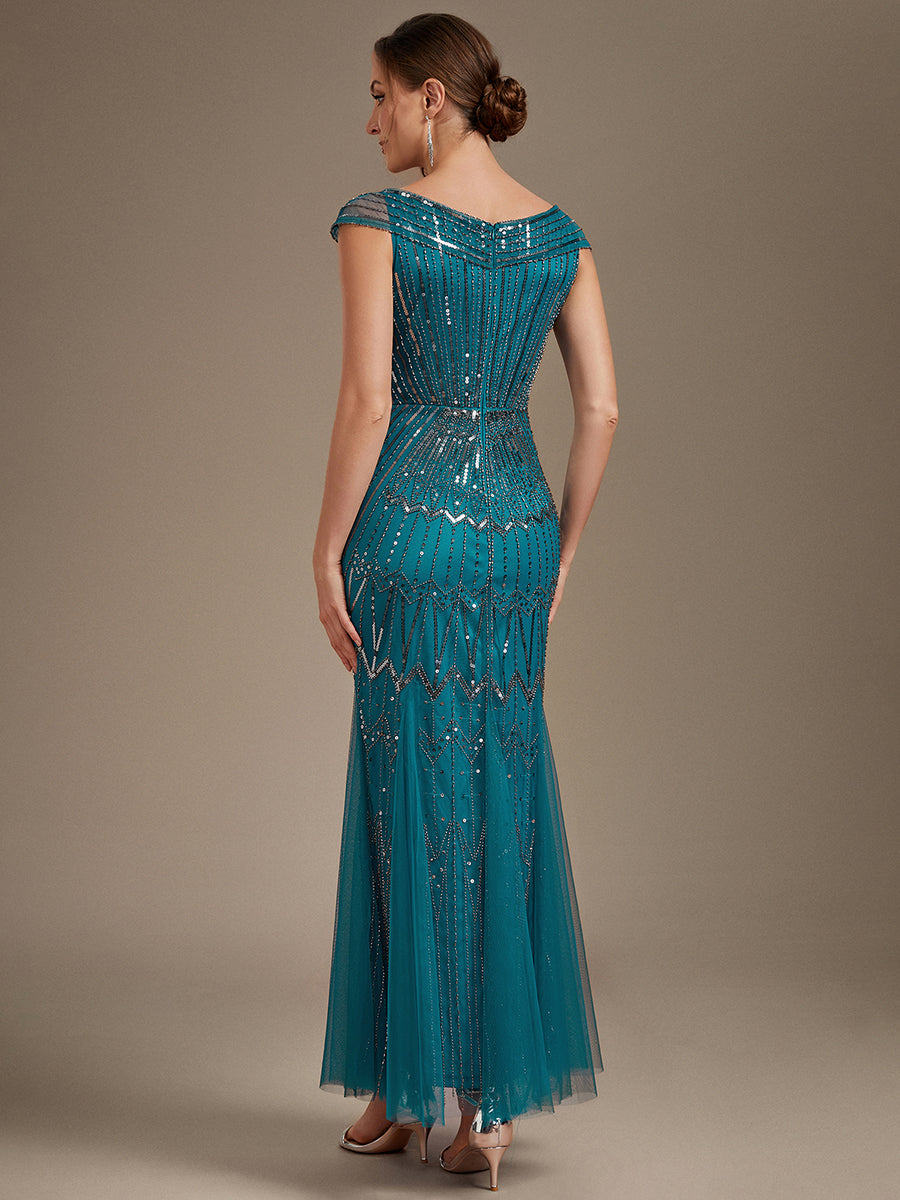 Robe longue sirène élégante à col en V manches courtes et tissu extensible #Couleur_Bleu Sarcelle