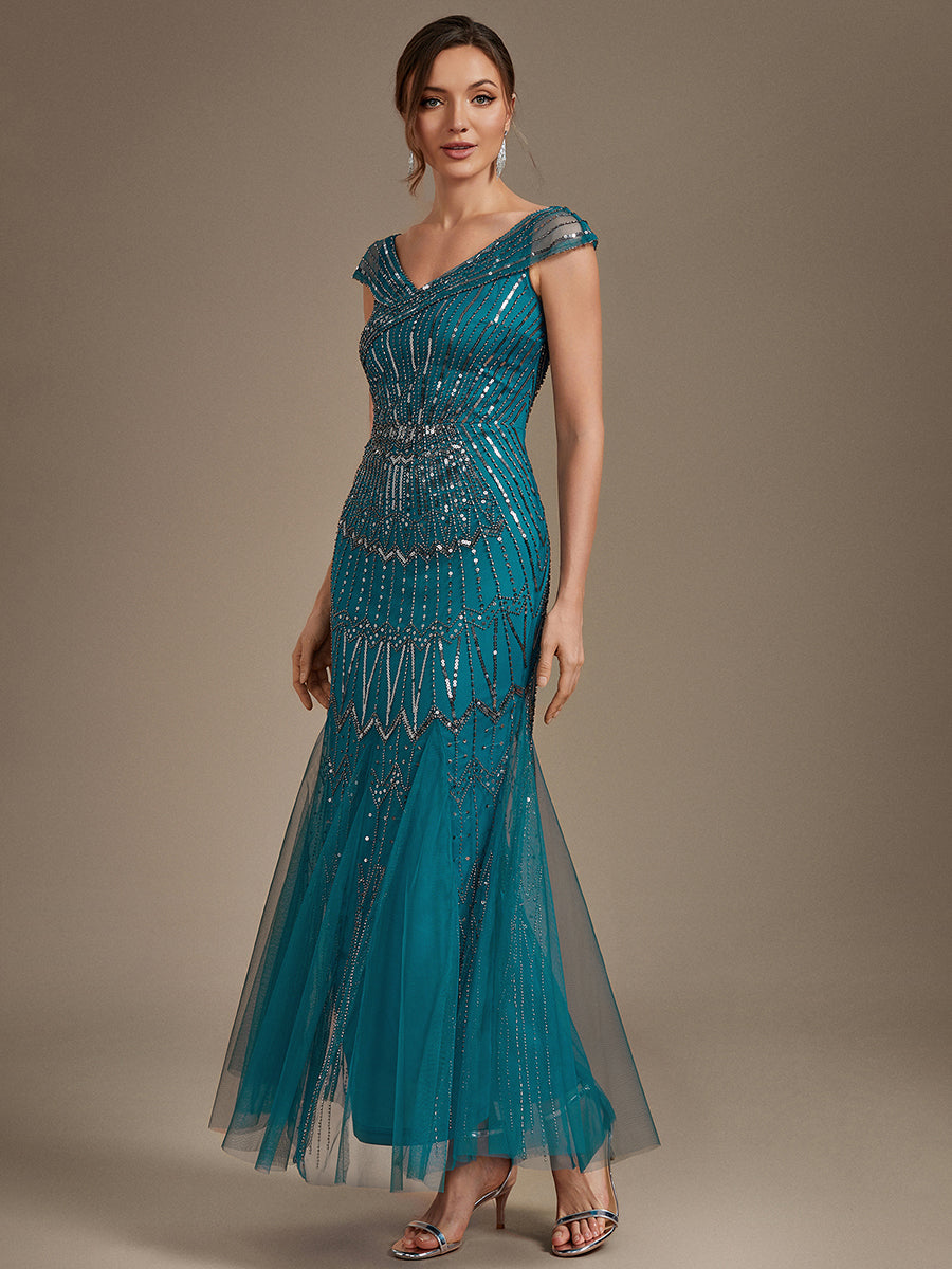 Robe longue sirène élégante à col en V manches courtes et tissu extensible #Couleur_Bleu Sarcelle
