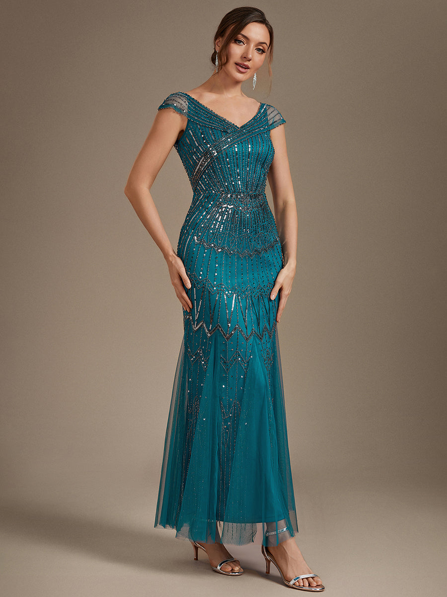 Robe longue sirène élégante à col en V manches courtes et tissu extensible #Couleur_Bleu Sarcelle