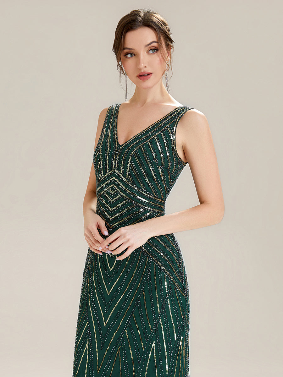 Robe longue sans manches à décolleté en V profond en mermaid avec patchwork de sequins à haute élasticité #Couleur_Vert Fonce
