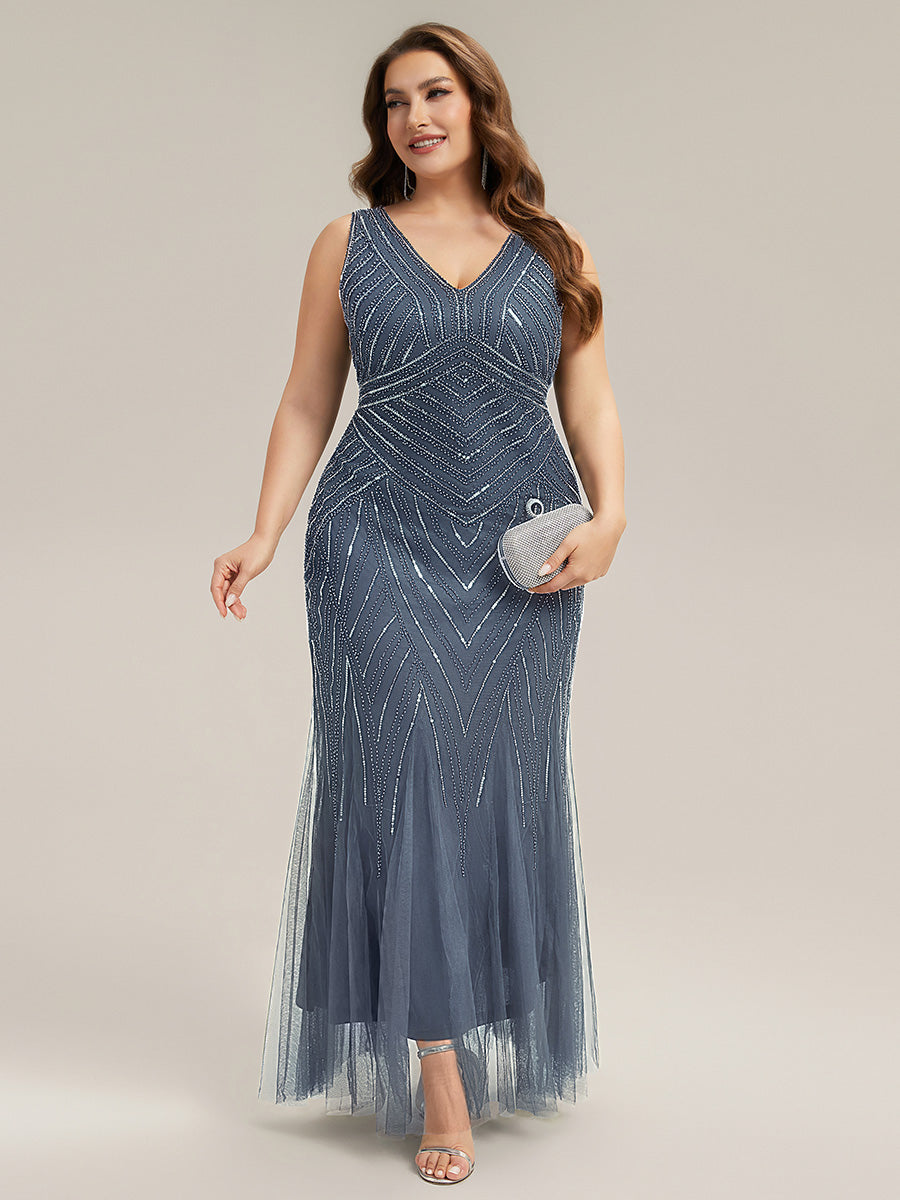 Robe longue sans manches à décolleté en V profond en mermaid avec patchwork de sequins à haute élasticité #Couleur_Marine Fume