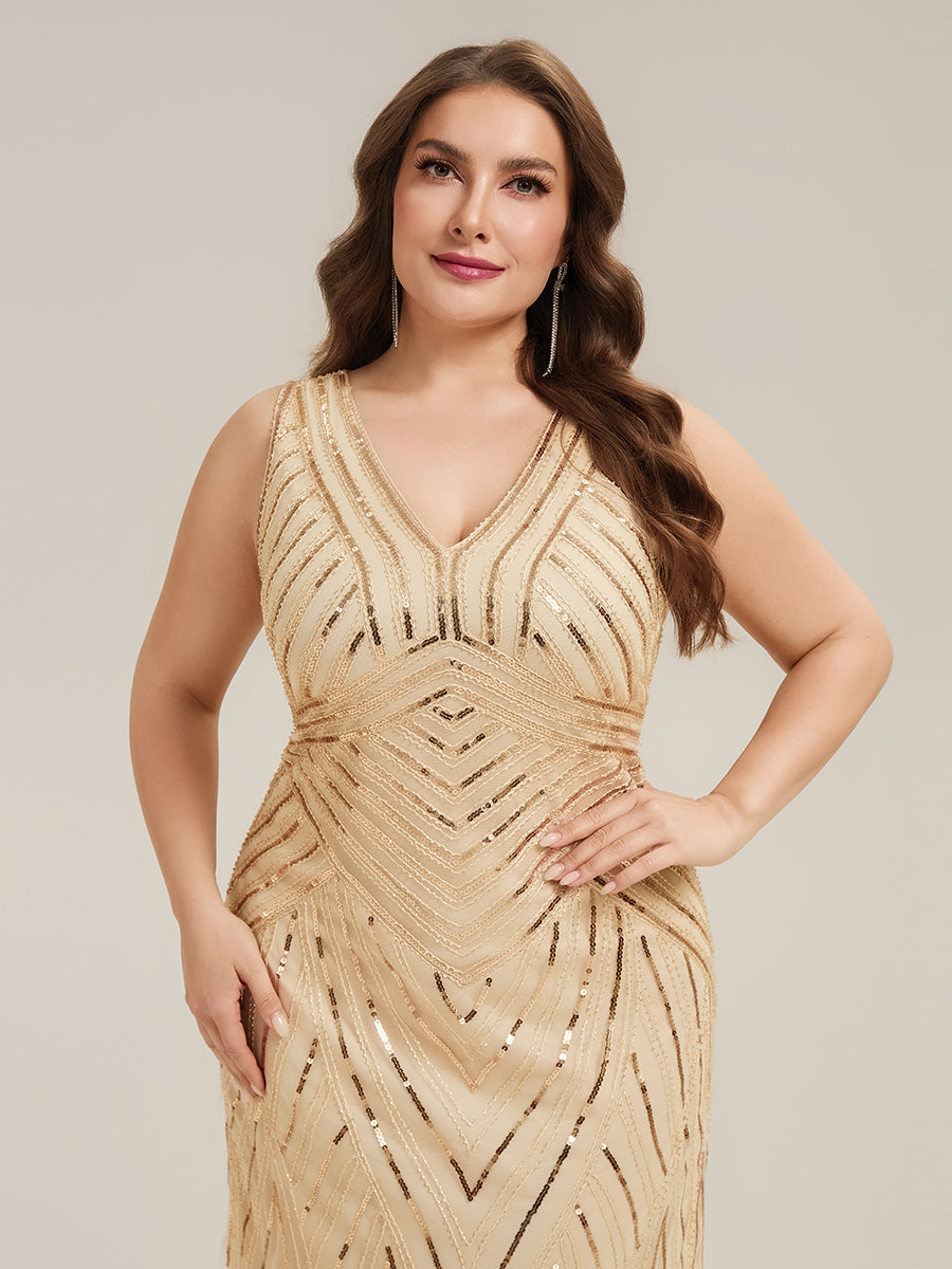 Robe longue sans manches à décolleté en V profond en mermaid avec patchwork de sequins à haute élasticité #Couleur_Dorée