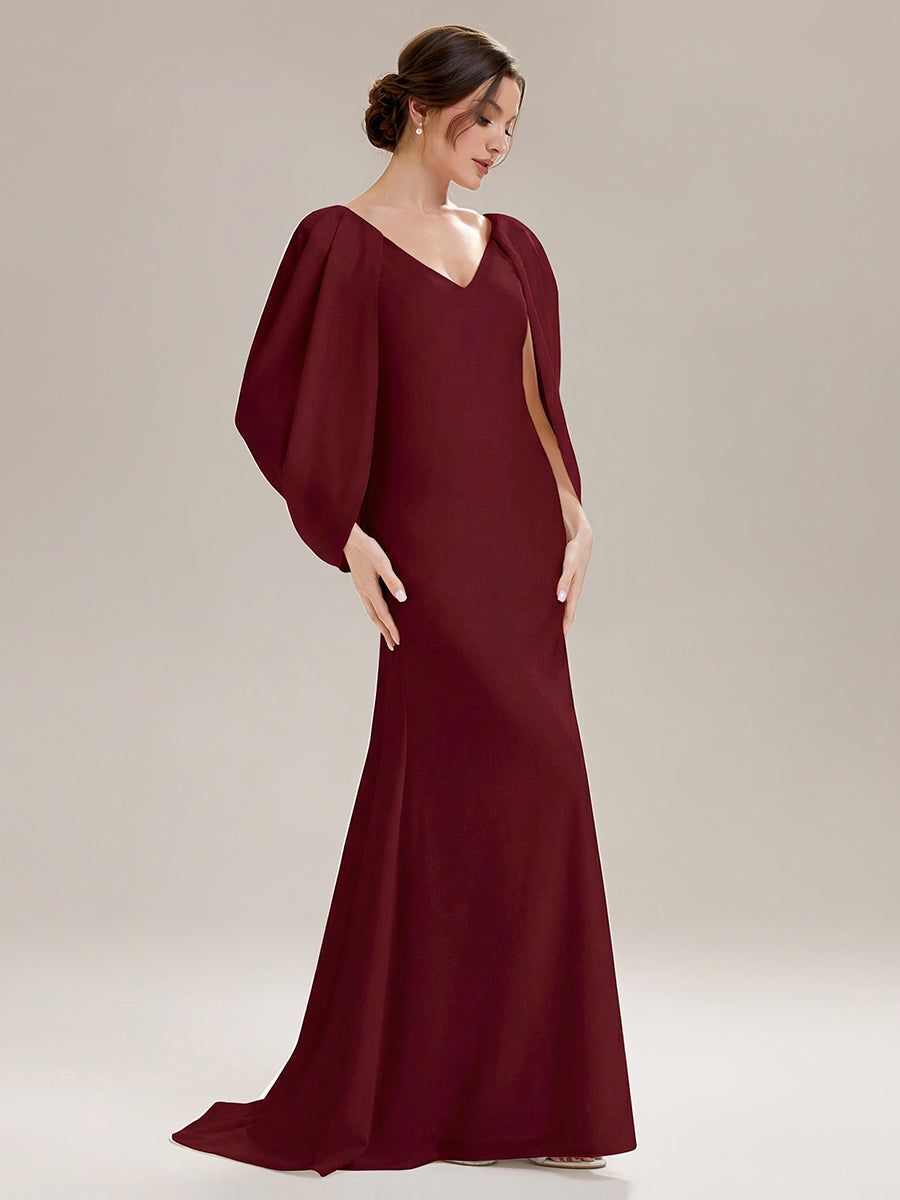 Robe sirène sans bretelles en stretch haut avec décolleté en V profond et manches cape #Couleur_Bordeaux