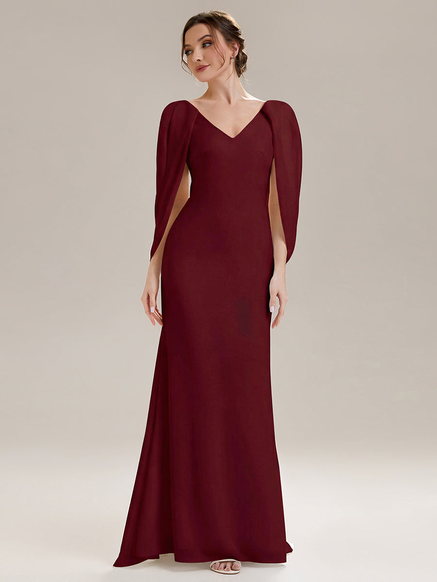 Robe sirène sans bretelles en stretch haut avec décolleté en V profond et manches cape #Couleur_Bordeaux