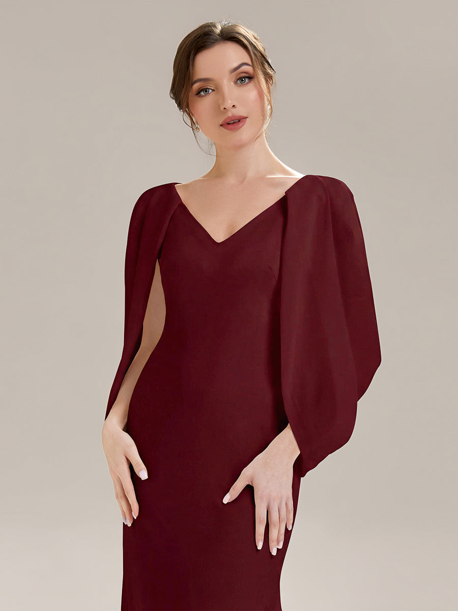 Robe sirène sans bretelles en stretch haut avec décolleté en V profond et manches cape #Couleur_Bordeaux