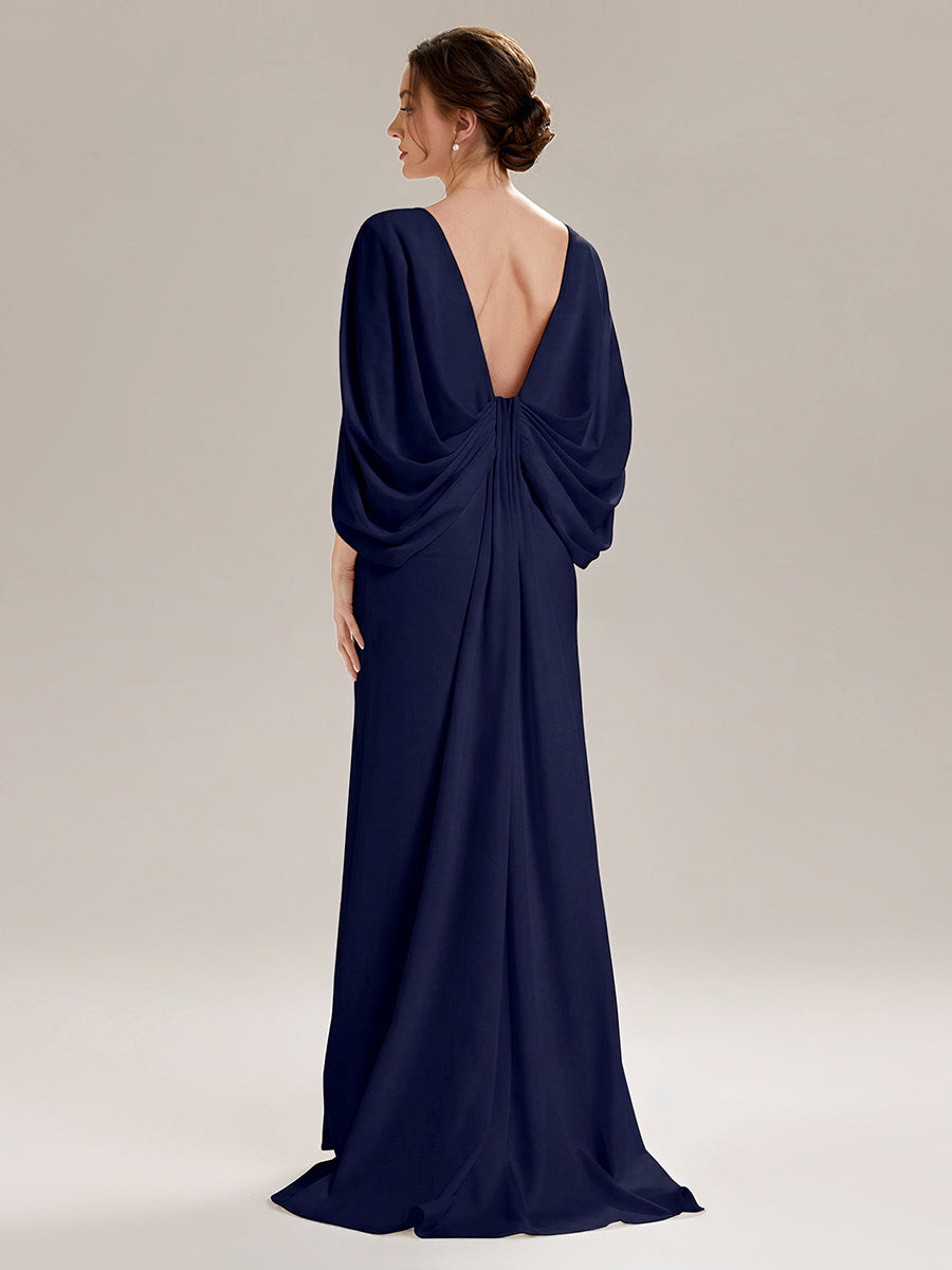 Robe sirène sans bretelles en stretch haut avec décolleté en V profond et manches cape #Couleur_Bleu Marine