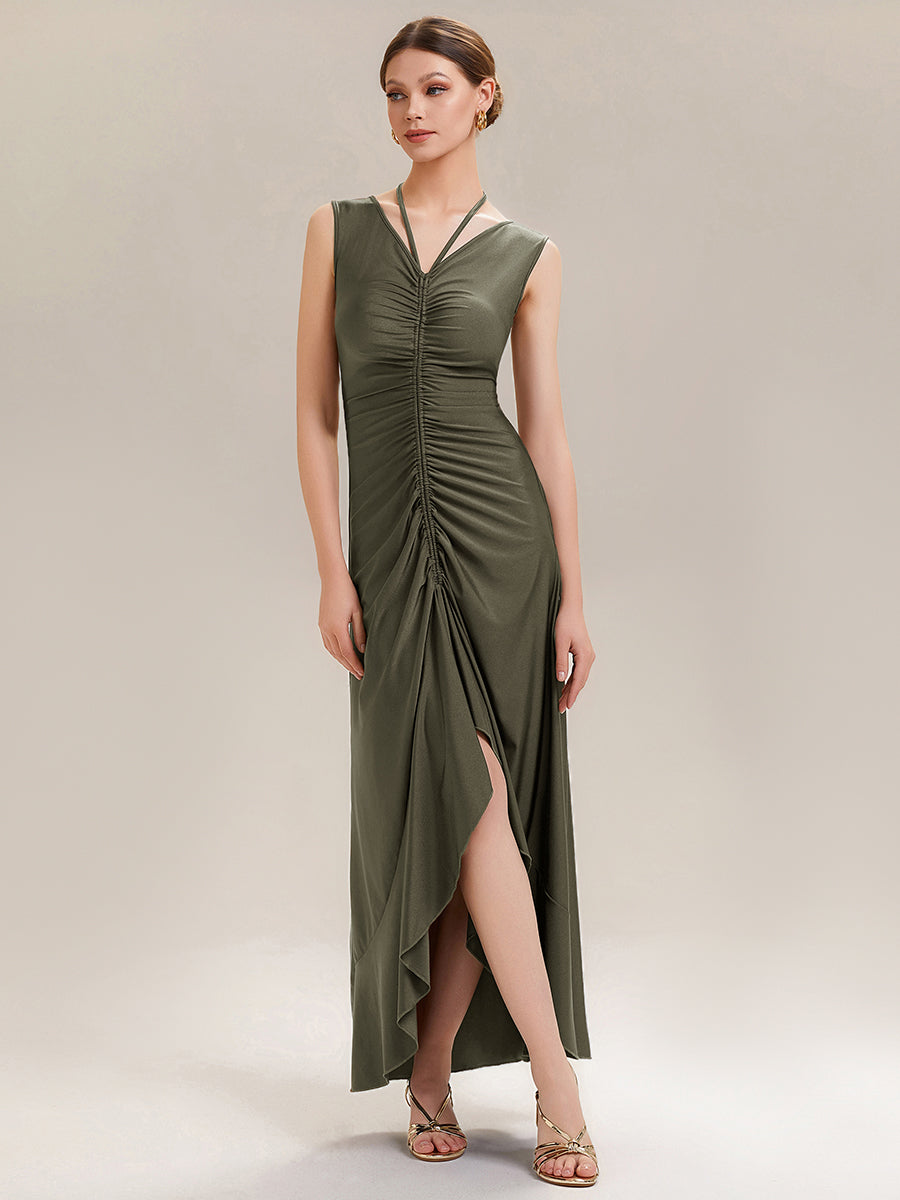 Robe maxi moulante sans manches à décolleté en V avec détail volant noué à l'avant #Couleur_Vert Olive