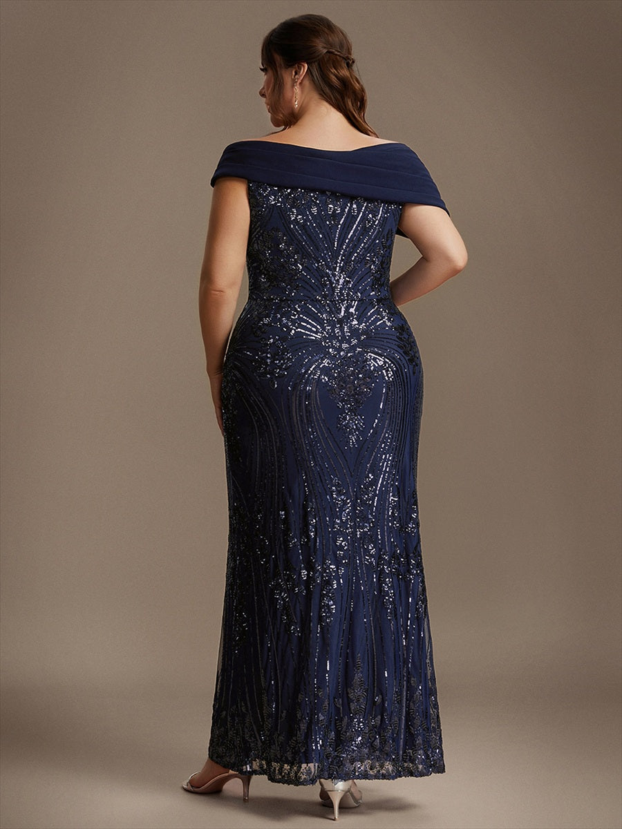 Robe moulante maxi à sequins avec épaules dénudées manches courtes et encolure asymétrique #Couleur_Bleu Marine