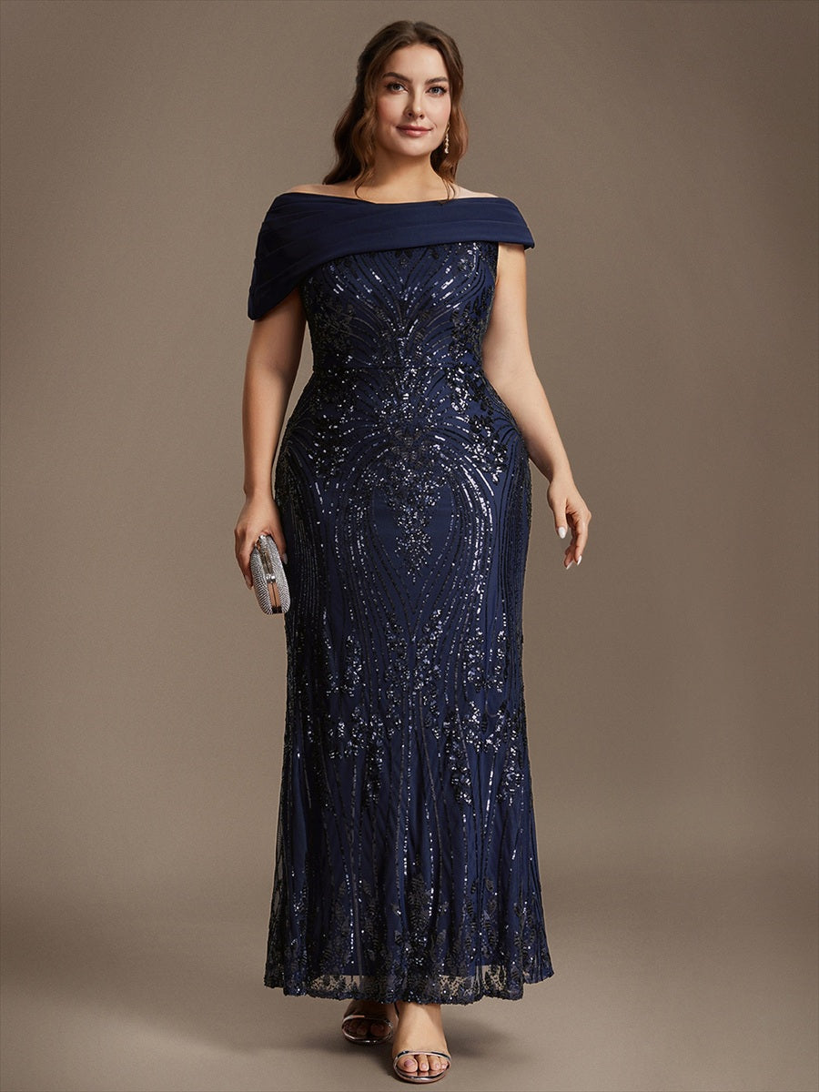 Robe moulante maxi à sequins avec épaules dénudées manches courtes et encolure asymétrique #Couleur_Bleu Marine