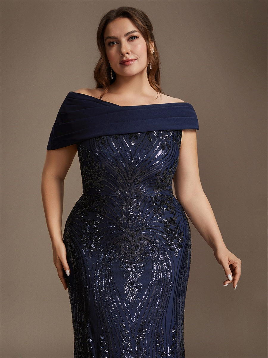 Robe moulante maxi à sequins avec épaules dénudées manches courtes et encolure asymétrique #Couleur_Bleu Marine