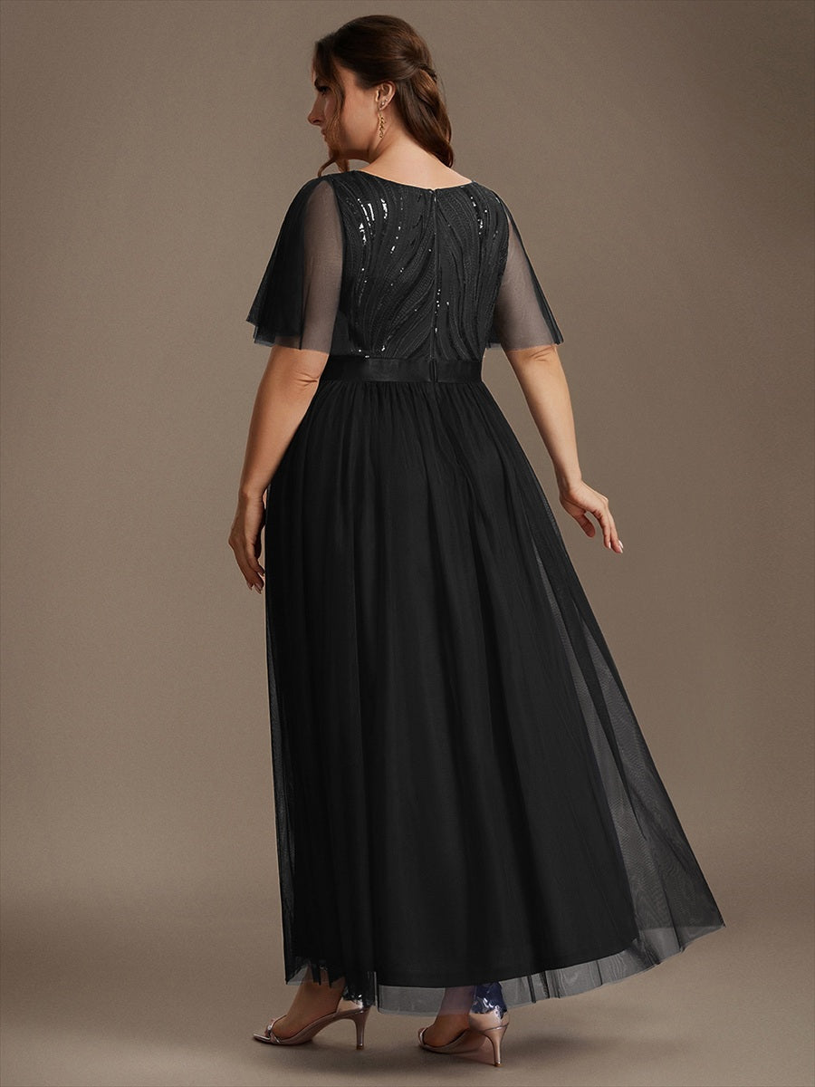 Robe maxi A ligne à manches courtes en sequins col rond #Couleur_Noir