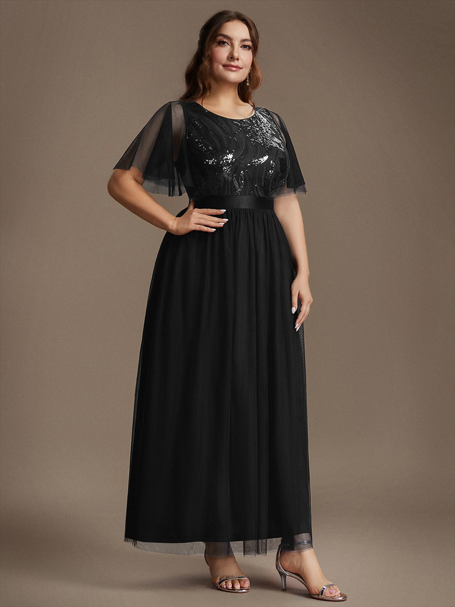 Robe maxi A ligne à manches courtes en sequins col rond #Couleur_Noir