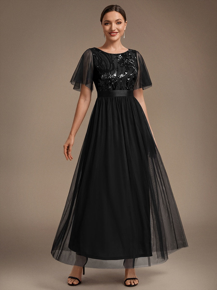 Robe maxi A ligne à manches courtes en sequins col rond #Couleur_Noir