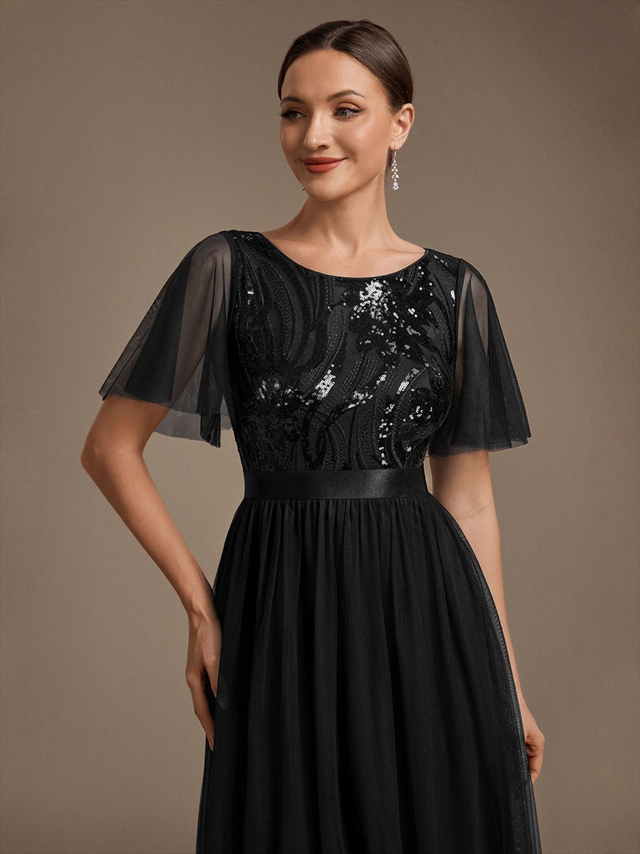 Robe maxi A ligne à manches courtes en sequins col rond #Couleur_Noir