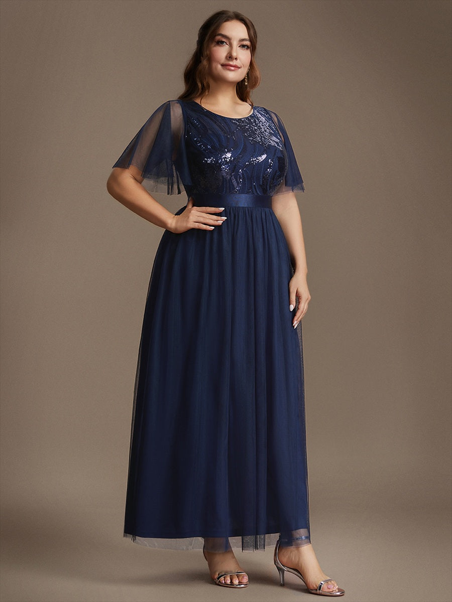 Robe maxi A ligne à manches courtes en sequins col rond #Couleur_Bleu Marine