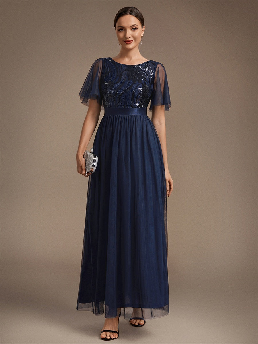 Robe maxi A ligne à manches courtes en sequins col rond #Couleur_Bleu Marine