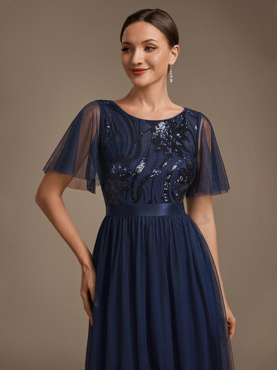 Robe maxi A ligne à manches courtes en sequins col rond #Couleur_Bleu Marine
