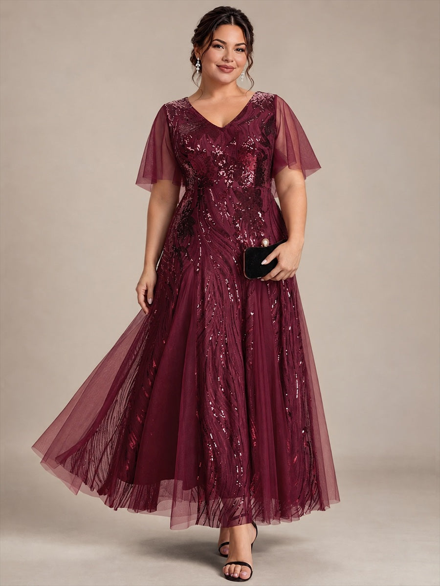 robe maxi à manches courtes en V avec sequins et ourlet volanté #Couleur_Bordeaux