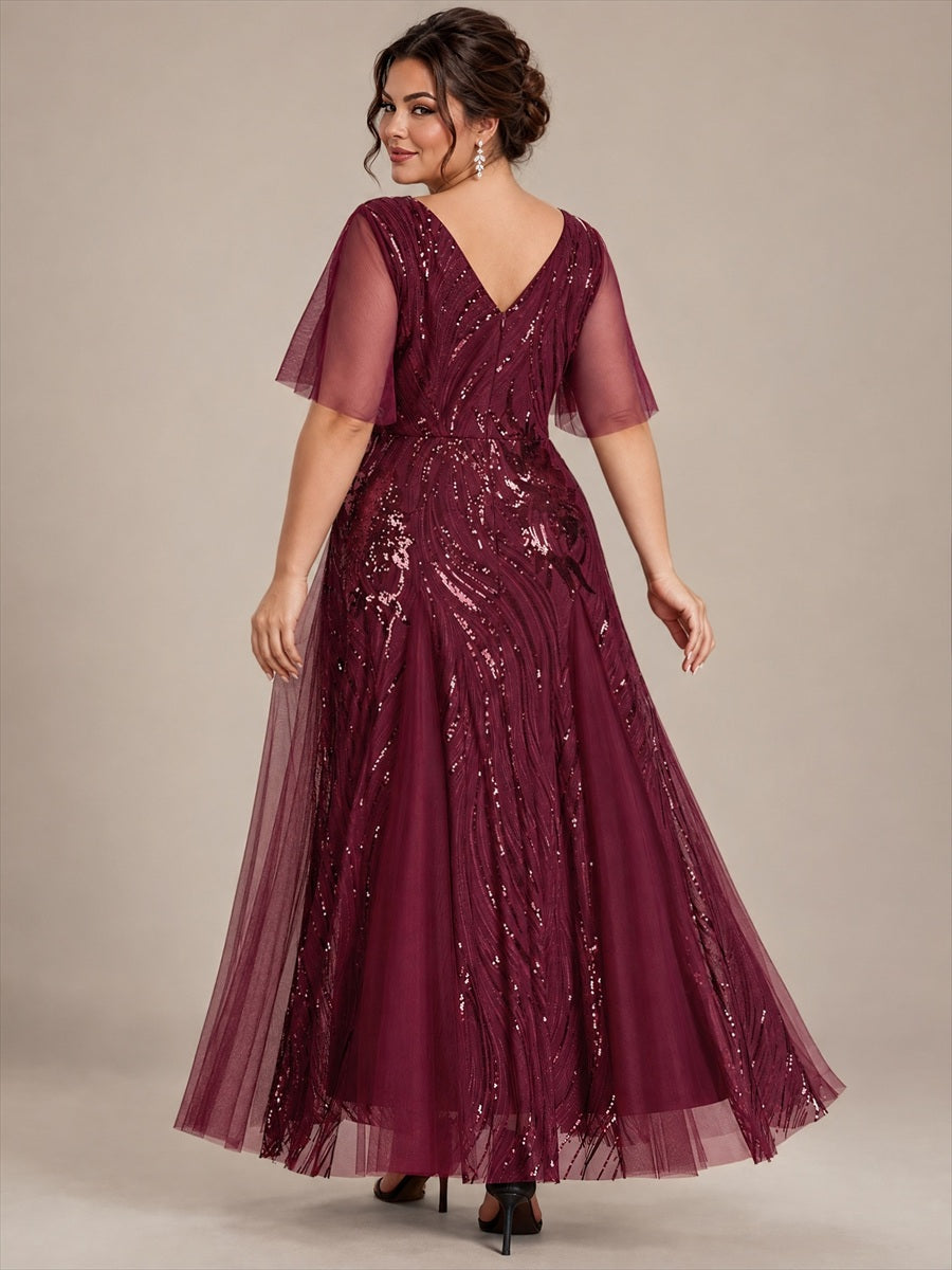 robe maxi à manches courtes en V avec sequins et ourlet volanté #Couleur_Bordeaux