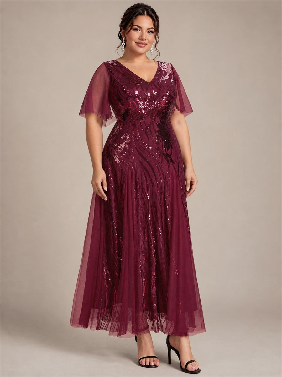 robe maxi à manches courtes en V avec sequins et ourlet volanté #Couleur_Bordeaux