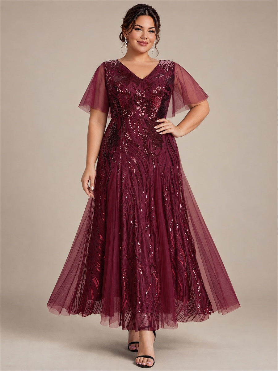 robe maxi à manches courtes en V avec sequins et ourlet volanté #Couleur_Bordeaux