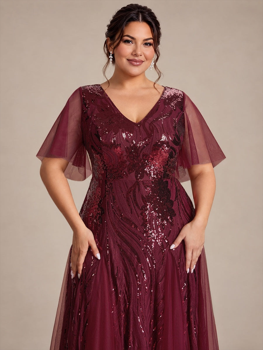 robe maxi à manches courtes en V avec sequins et ourlet volanté #Couleur_Bordeaux