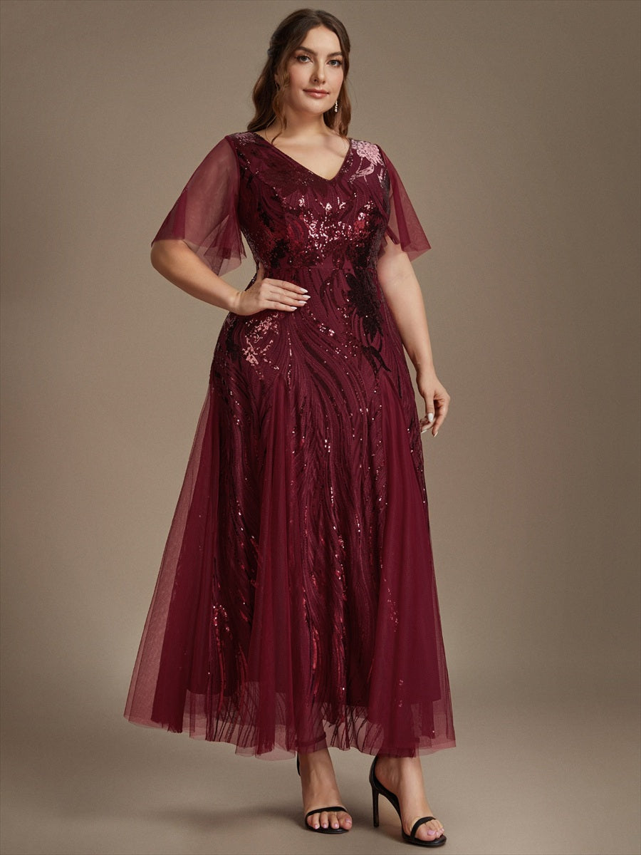 robe maxi à manches courtes en V avec sequins et ourlet volanté #Couleur_Bordeaux
