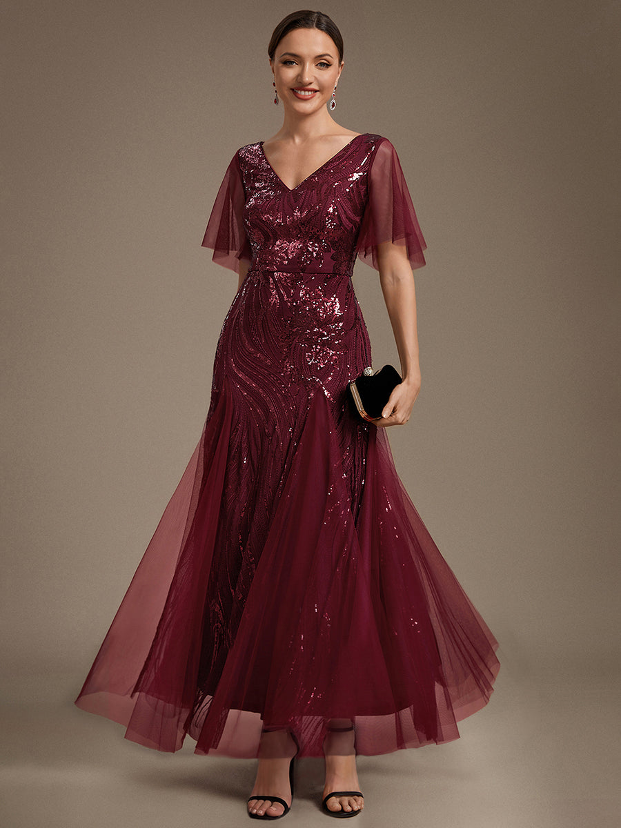 robe maxi à manches courtes en V avec sequins et ourlet volanté #Couleur_Bordeaux