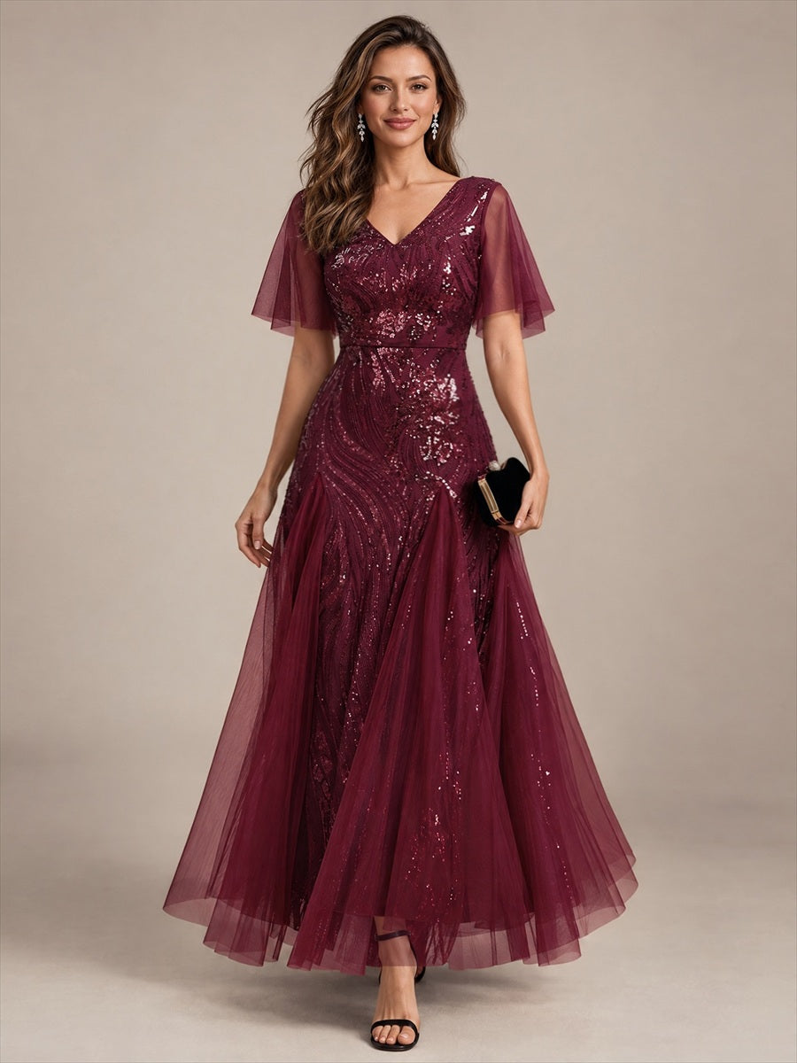 robe maxi à manches courtes en V avec sequins et ourlet volanté #Couleur_Bordeaux