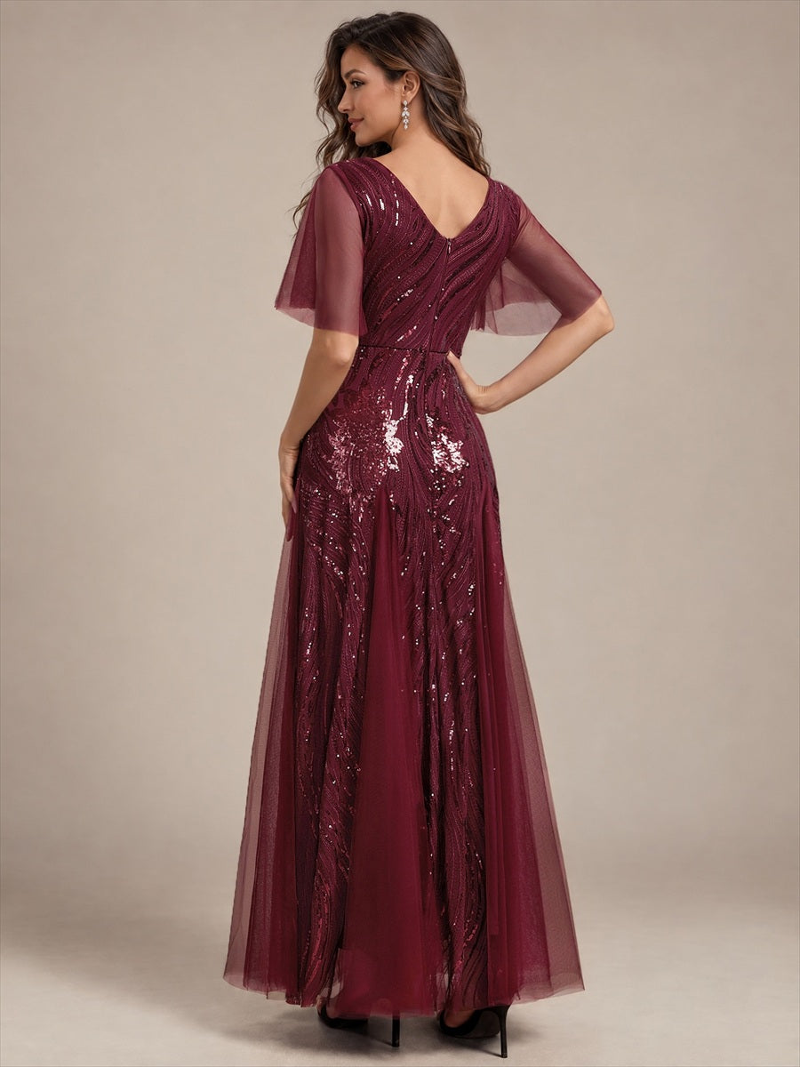 robe maxi à manches courtes en V avec sequins et ourlet volanté #Couleur_Bordeaux