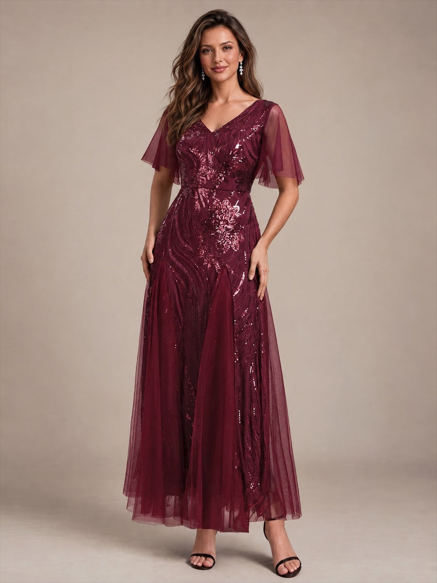 robe maxi à manches courtes en V avec sequins et ourlet volanté #Couleur_Bordeaux