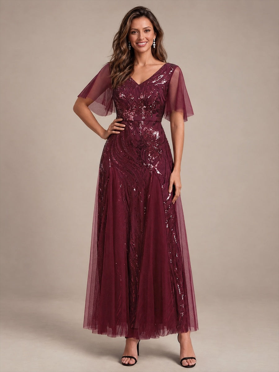 robe maxi à manches courtes en V avec sequins et ourlet volanté #Couleur_Bordeaux