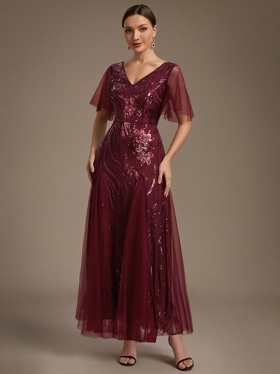 robe maxi à manches courtes en V avec sequins et ourlet volanté #Couleur_Bordeaux