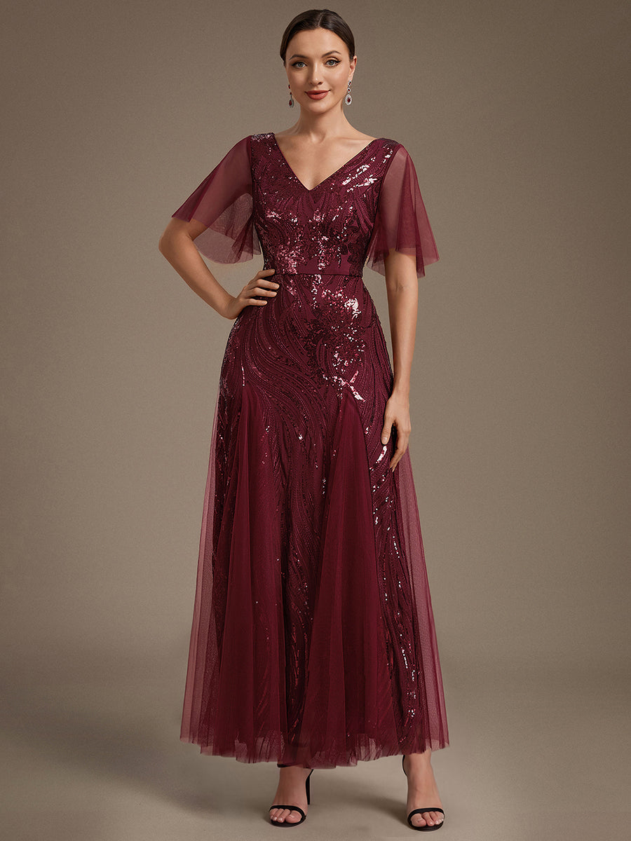 robe maxi à manches courtes en V avec sequins et ourlet volanté #Couleur_Bordeaux