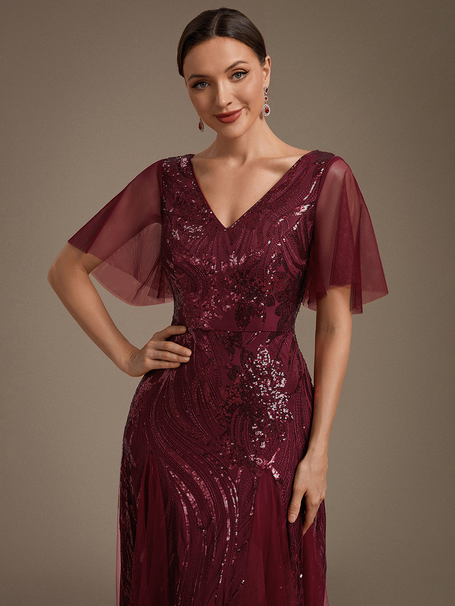 robe maxi à manches courtes en V avec sequins et ourlet volanté #Couleur_Bordeaux