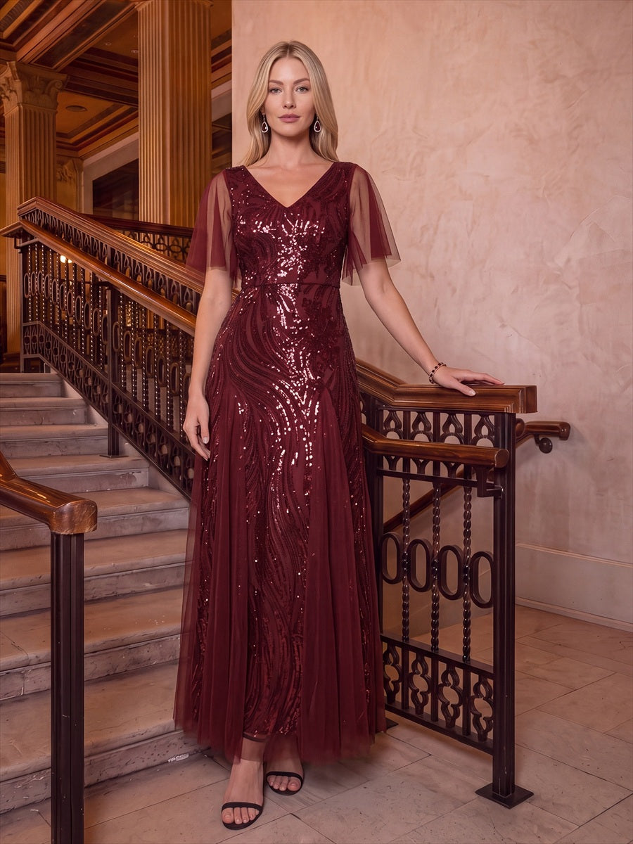 robe maxi à manches courtes en V avec sequins et ourlet volanté #Couleur_Bordeaux