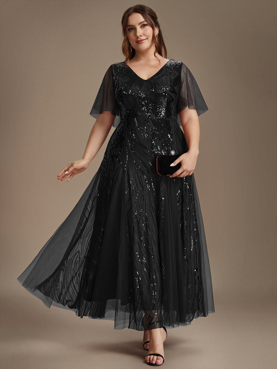 robe maxi à manches courtes en V avec sequins et ourlet volanté #Couleur_Noir