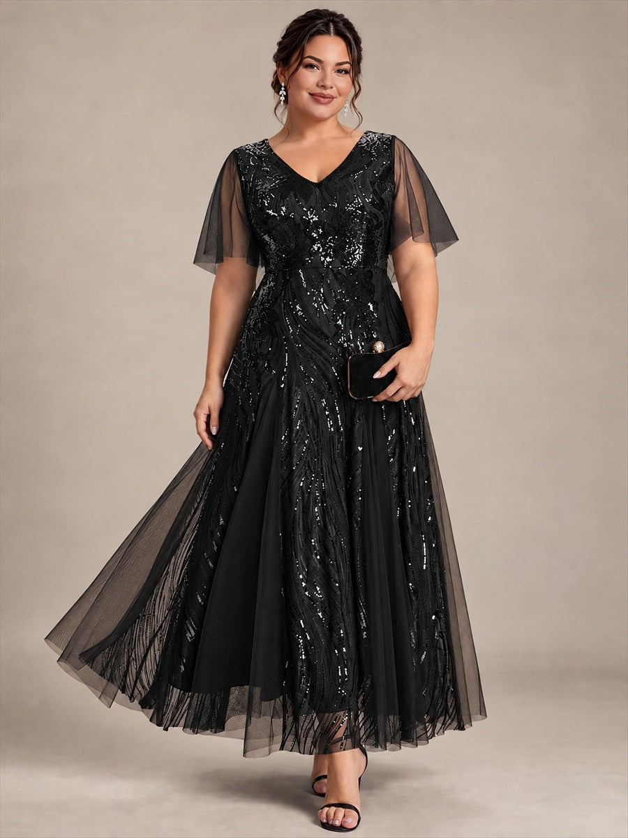 robe maxi à manches courtes en V avec sequins et ourlet volanté #Couleur_Noir