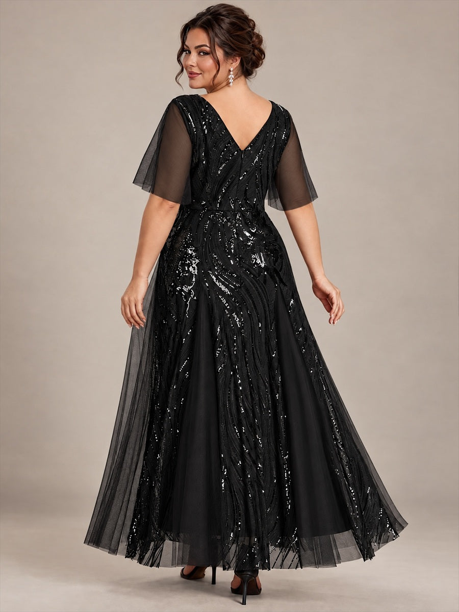 robe maxi à manches courtes en V avec sequins et ourlet volanté #Couleur_Noir