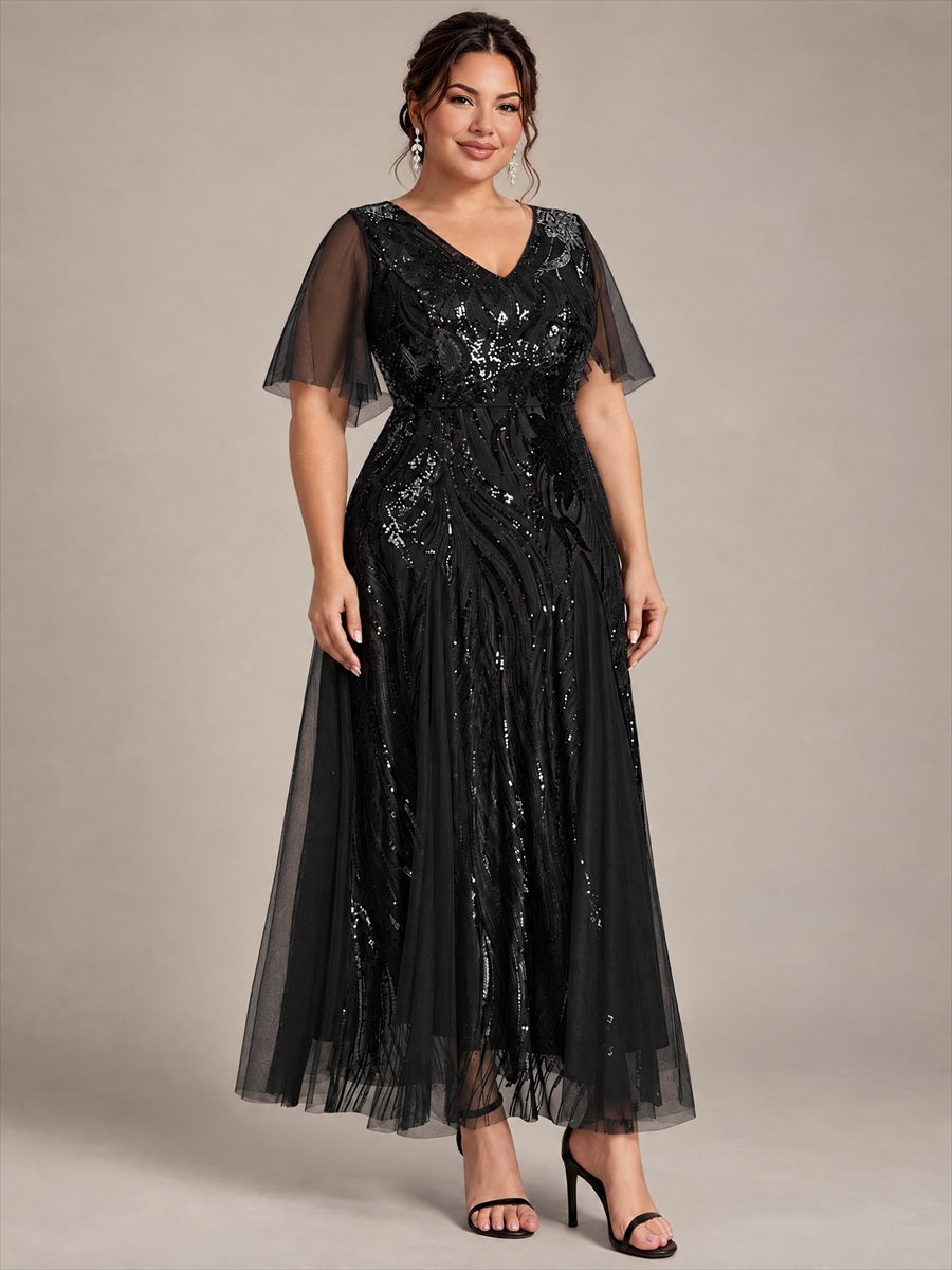 robe maxi à manches courtes en V avec sequins et ourlet volanté #Couleur_Noir