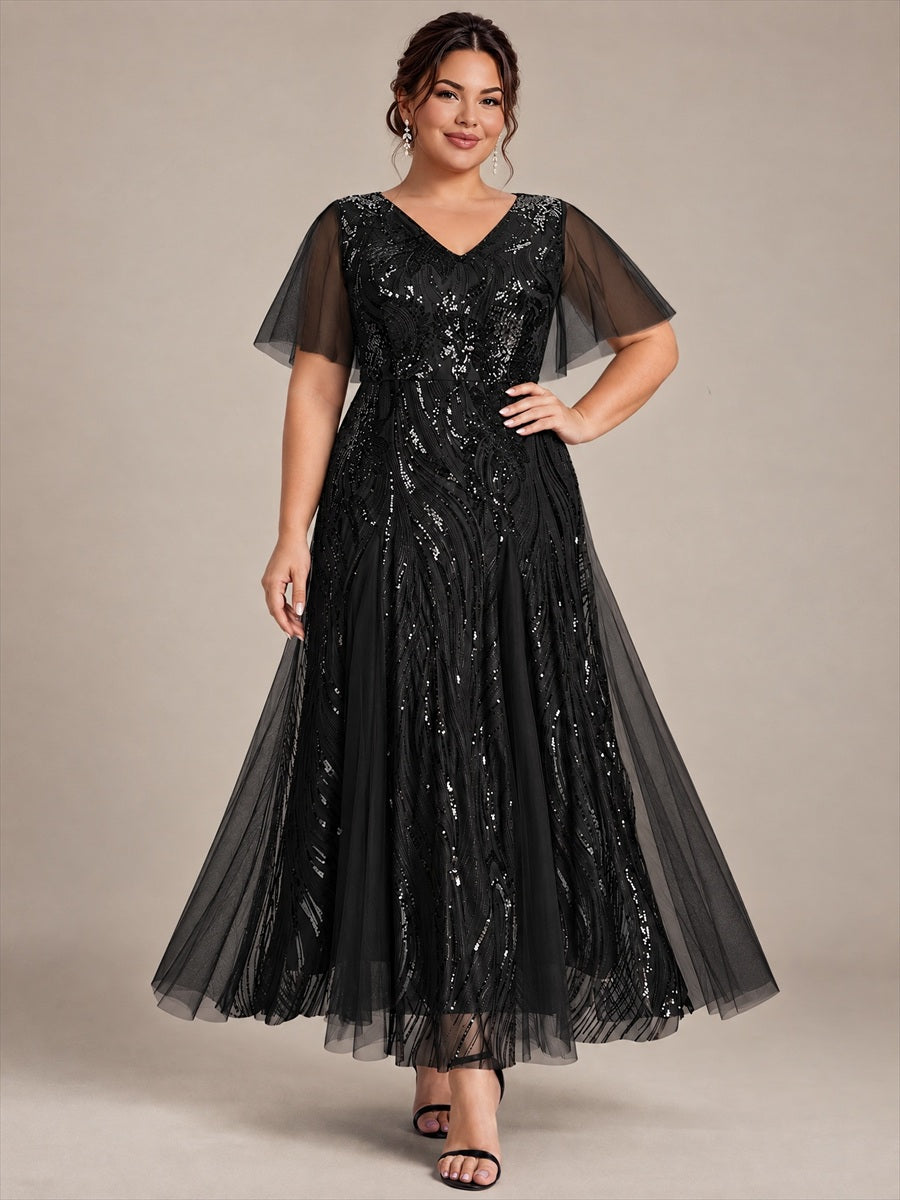 robe maxi à manches courtes en V avec sequins et ourlet volanté #Couleur_Noir