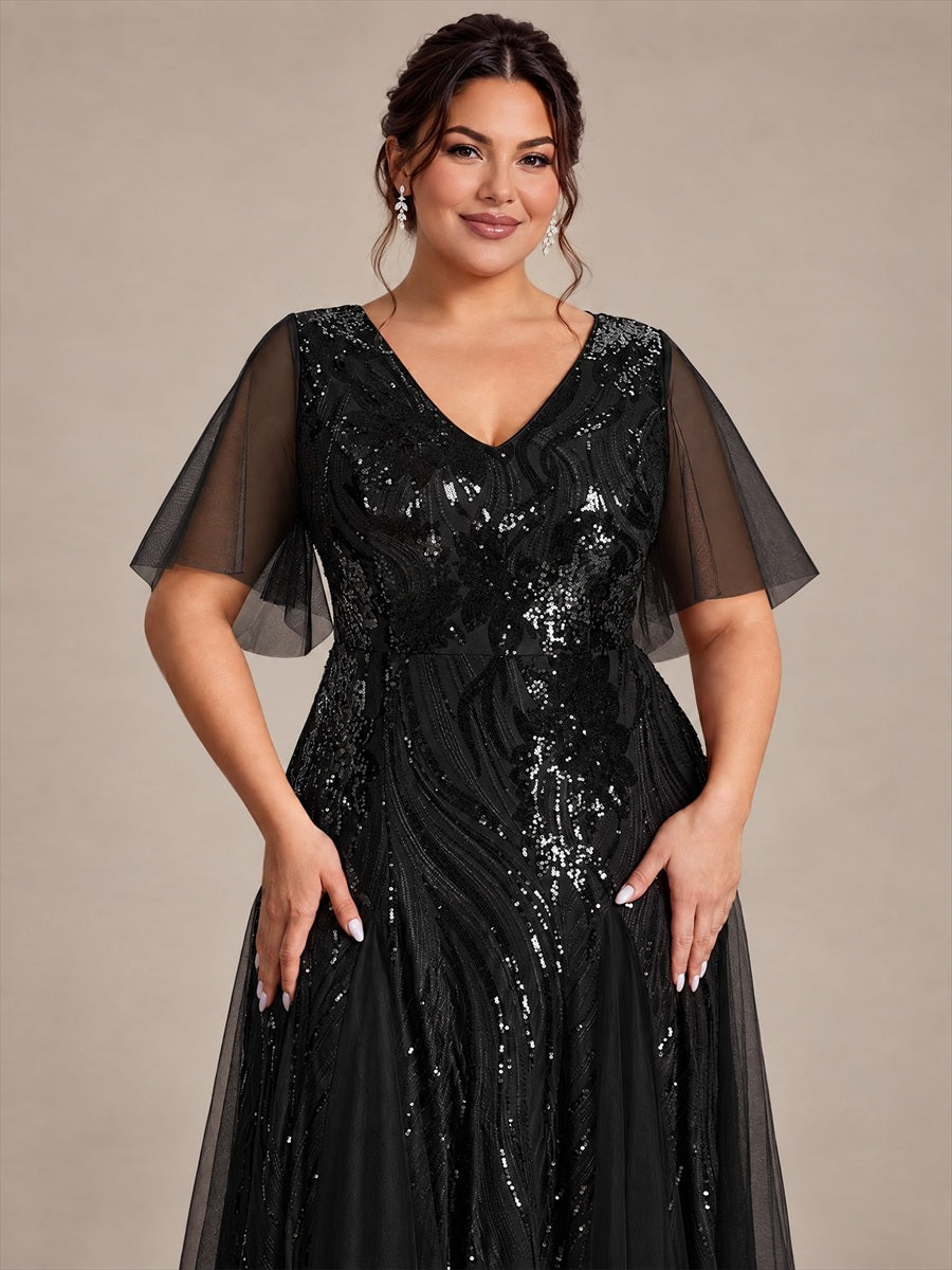 robe maxi à manches courtes en V avec sequins et ourlet volanté #Couleur_Noir
