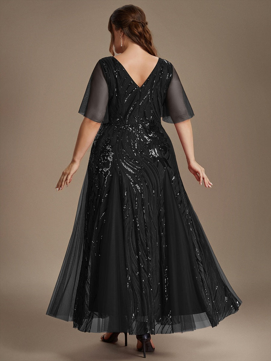 robe maxi à manches courtes en V avec sequins et ourlet volanté #Couleur_Noir