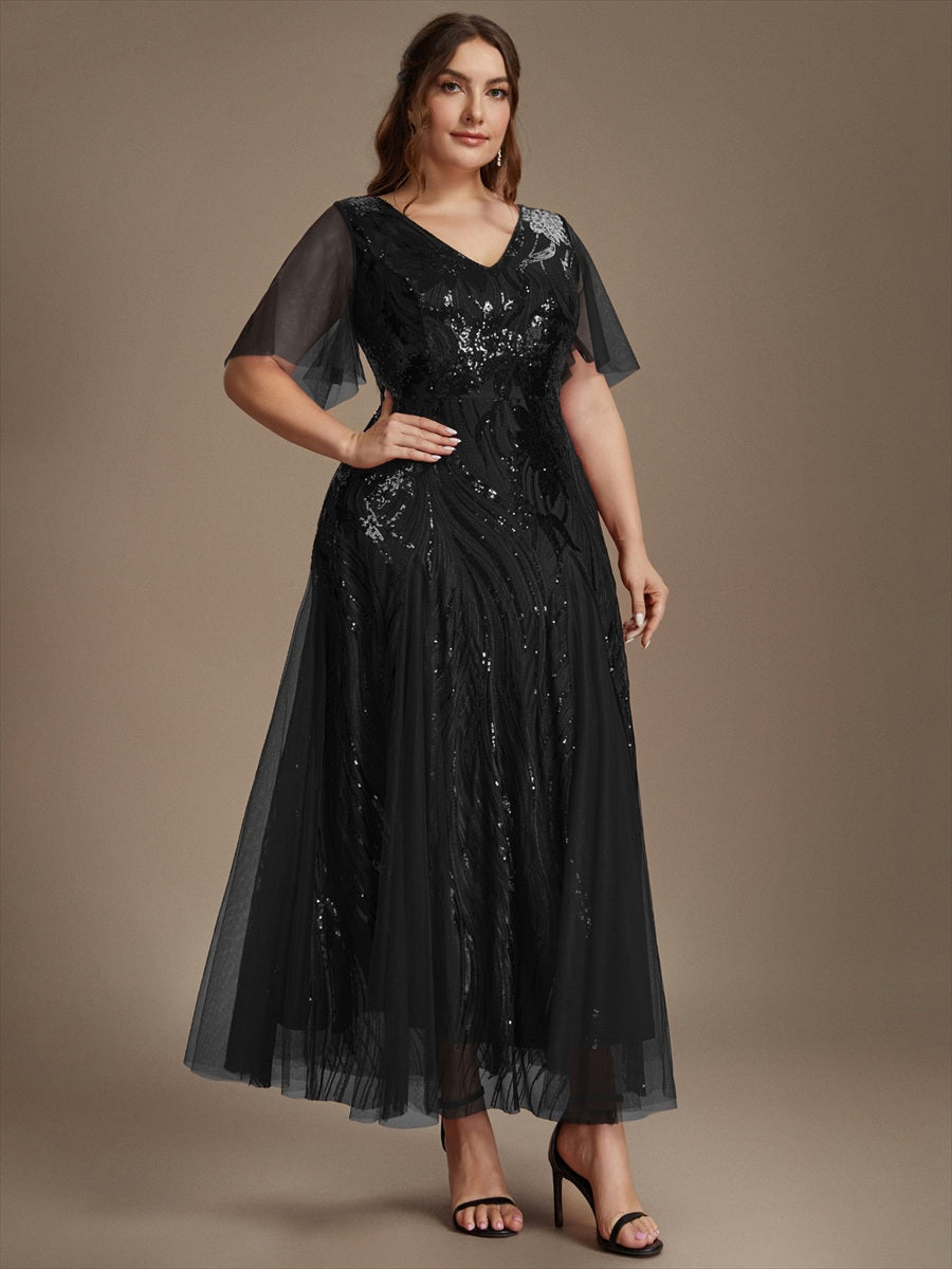 robe maxi à manches courtes en V avec sequins et ourlet volanté #Couleur_Noir