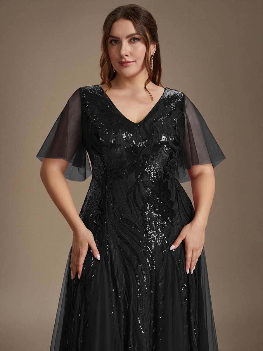 robe maxi à manches courtes en V avec sequins et ourlet volanté #Couleur_Noir