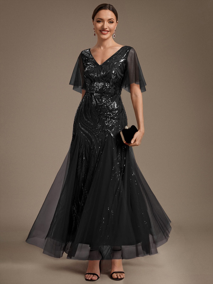 robe maxi à manches courtes en V avec sequins et ourlet volanté #Couleur_Noir